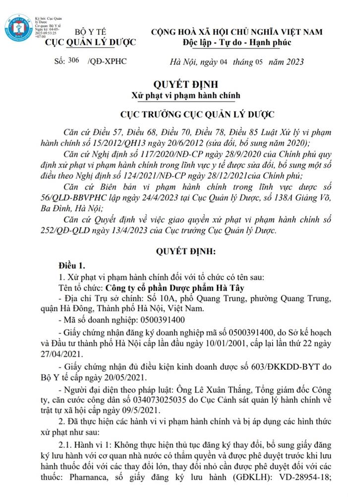 Công ty Dược phẩm Hà Tây bị phạt hành chính 115 triệu đồng.